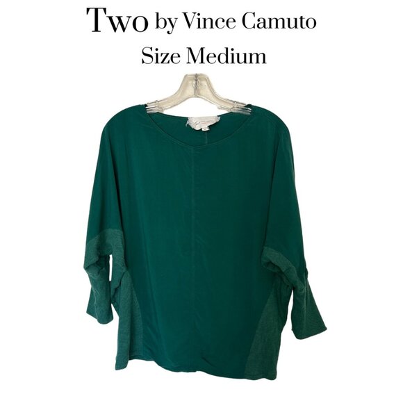 Two by Vince Camuto Green Scoop Neck Batwing Scrunch Sleeve Knit Top Medium EUC - Picture 1 of 6